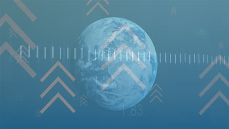 animation of financial data processing and arrows over globe on blue background