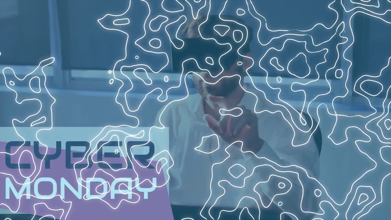 Animation of text, cyber monday, and moving contour lines, over man wearing vr headset