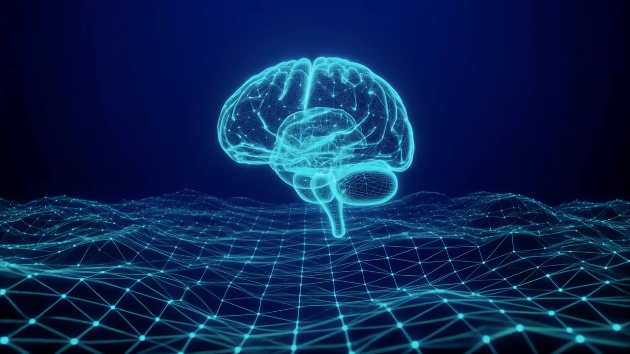 Digital Wireframe Brain Rotating Over Neural Network