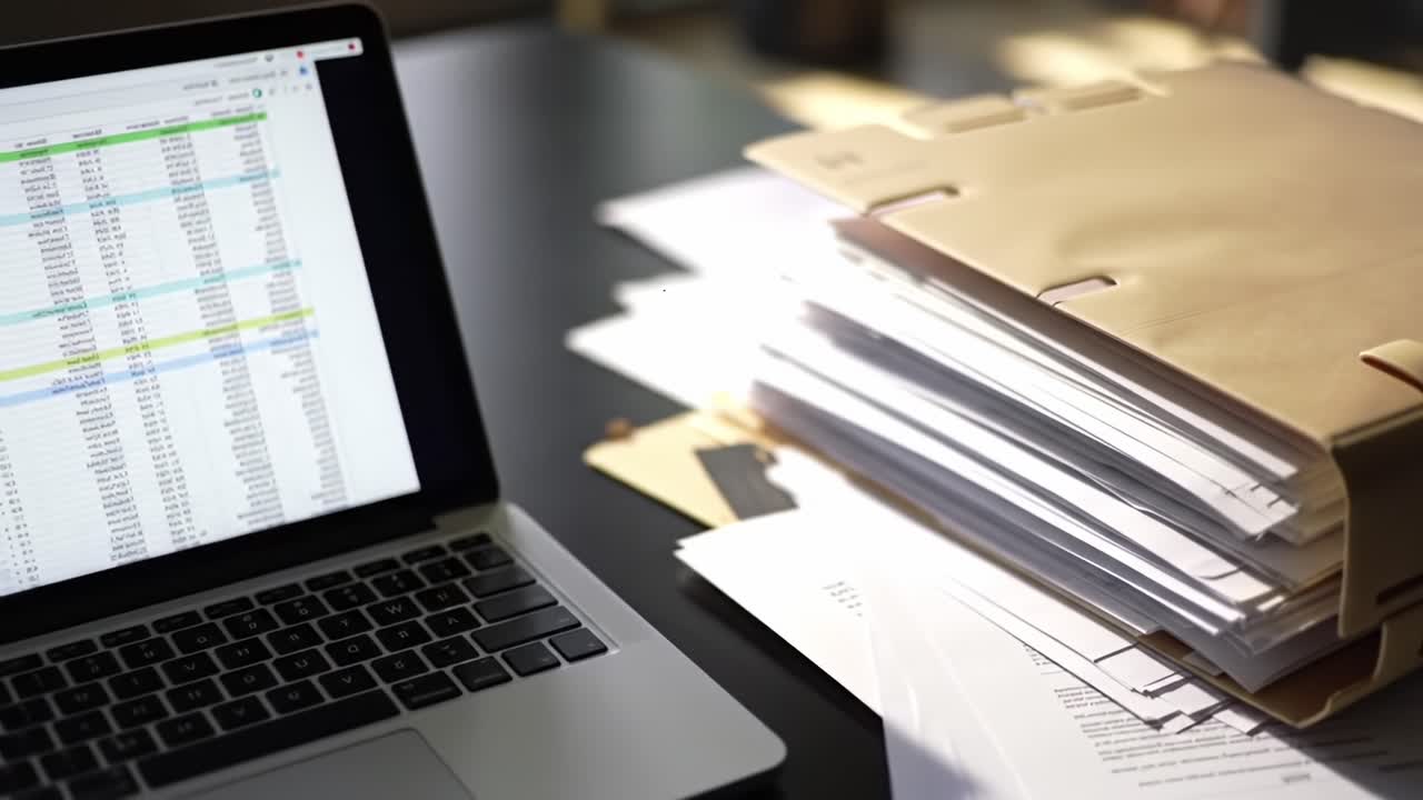 A Workspace Featuring Organized Documentation and Data on a Laptop, Highlighting the Fusion of Digital and Paper Records for Effective Work Management