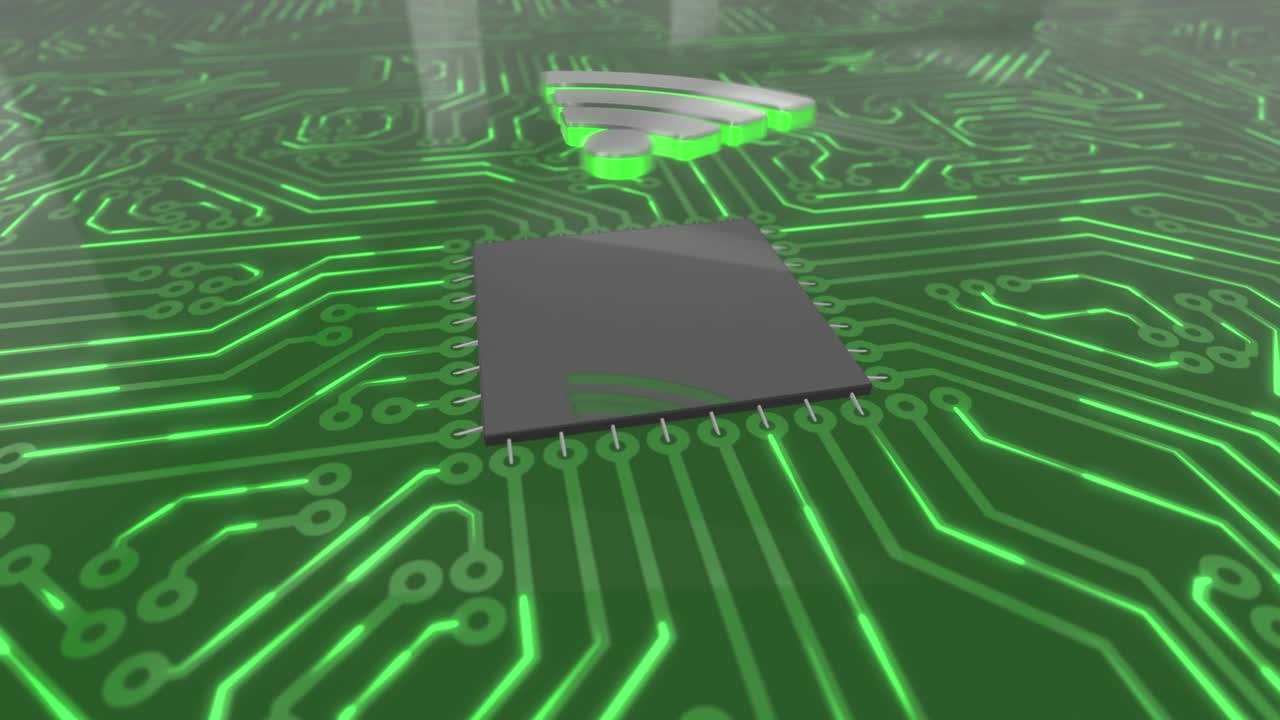 어두운 녹색 회전 컴퓨터 회로 보드 개념 wi-fi 루프 4k