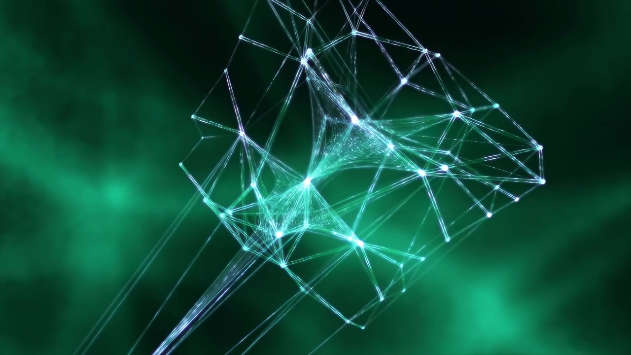 Bright nodes linked by thin translucent lines subtly change position through the sequence, creating an intricate floating polygonal web against softly illuminated green haze.
