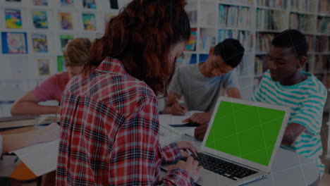 animation of mathematical data processing over female student with laptop with green screen