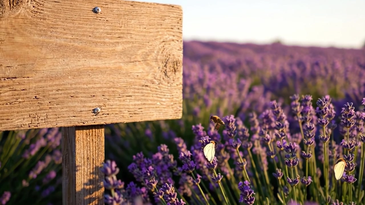 A Serene Lavender Field with Picturesque Blooms and a Blank Wooden Sign, Perfect for Capturing the Essence of Nature's Tranquility