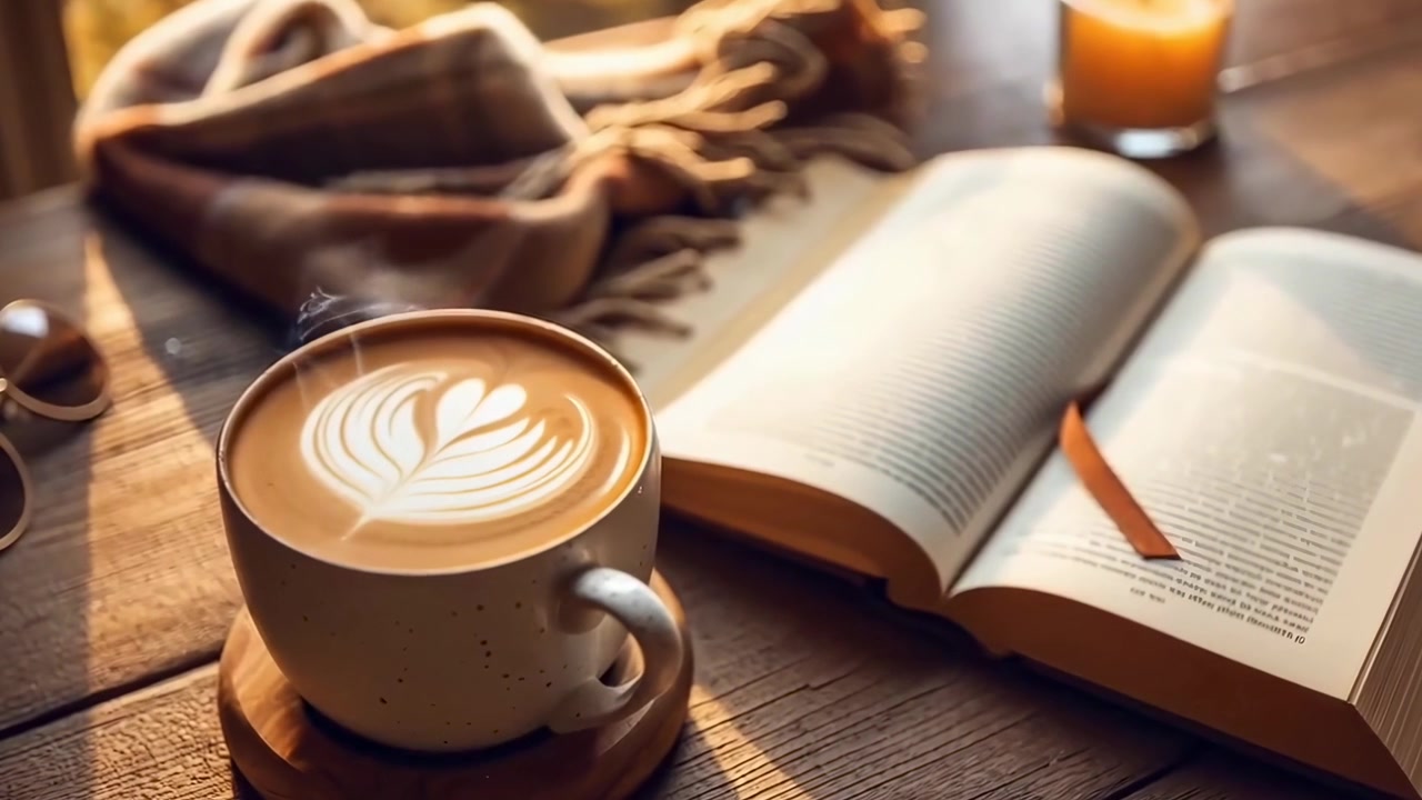 Xícara de Café Fumegante ao Lado de um Livro Aberto