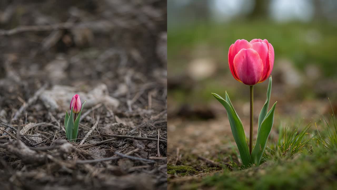 Showing split-screen, right tulip opening for growth on moss while left bud staying in twigs