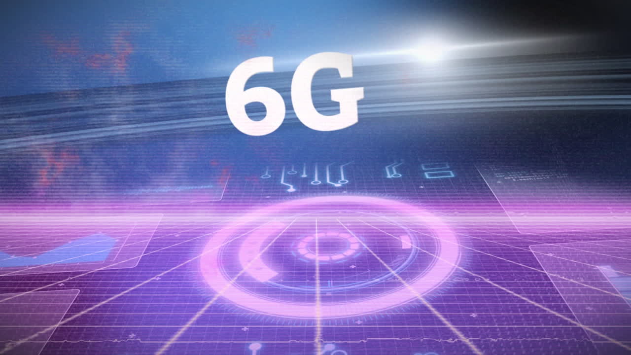 둥근 스캐너, 마이크로프로세서 연결 및 파란색 배경에 빛의 점에 대한 6g 텍스트