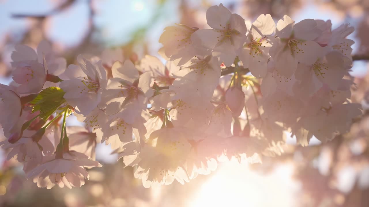 日差しを浴びた桜をローアングルで撮影し、穏やかで夢のような雰囲気を生み出すクローズアップ動画。