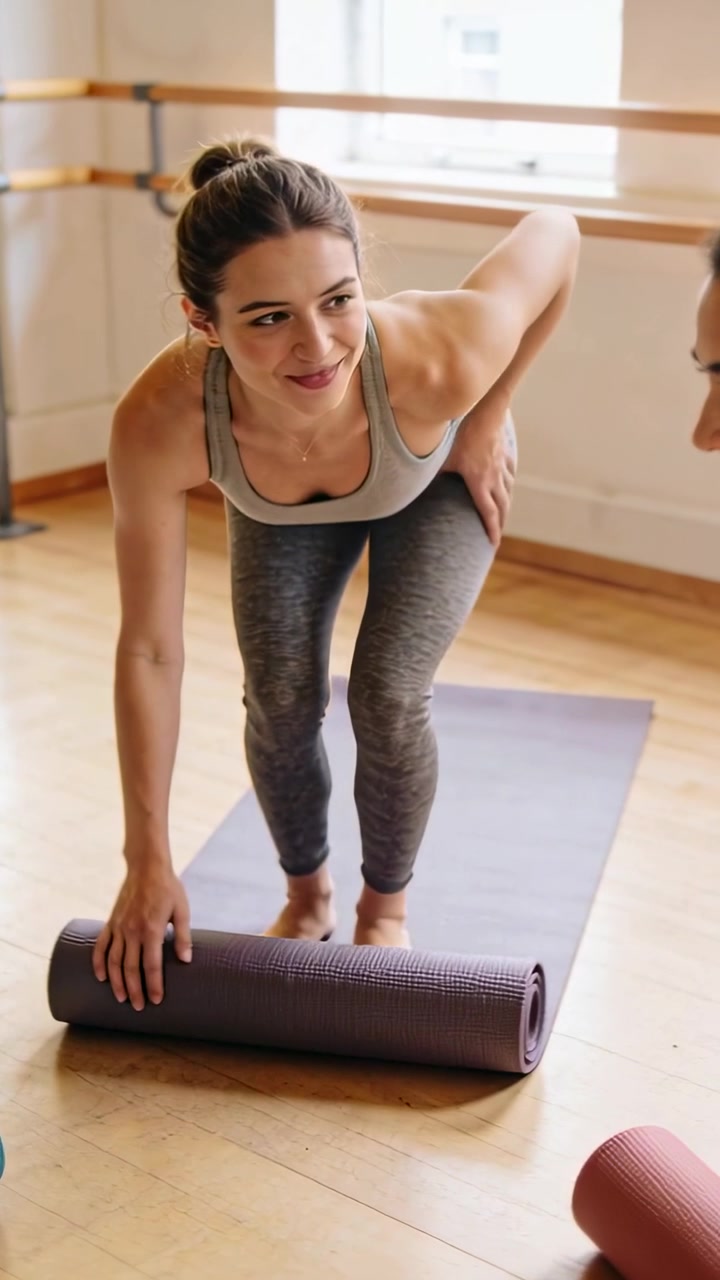 Video verticale: Donna in ginocchio che preme un tappetino viola, srotolandolo ed eseguendo una torsione per il partner di yoga