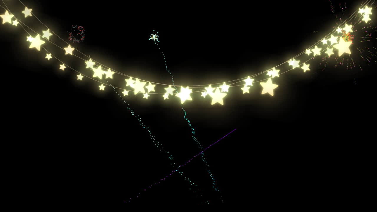Animation af stjernelyskæder med jule- og nytårsfyrværkeri på nattehimlen
