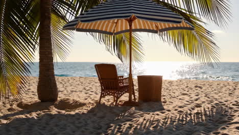 a serene tropical beach scene with a palm tree, umbrella, and chair