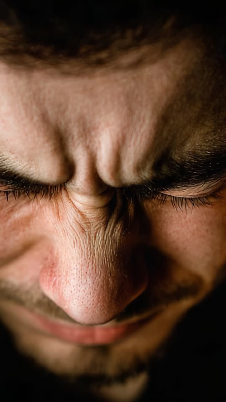 Un ritratto ravvicinato di un uomo che prova un'intensa angoscia emotiva, che trasmette sensazioni di dolore, ansia e lotta in due potenti espressioni