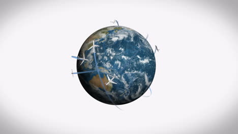 avión volando alrededor de la tierra sobre un fondo blanco 4k