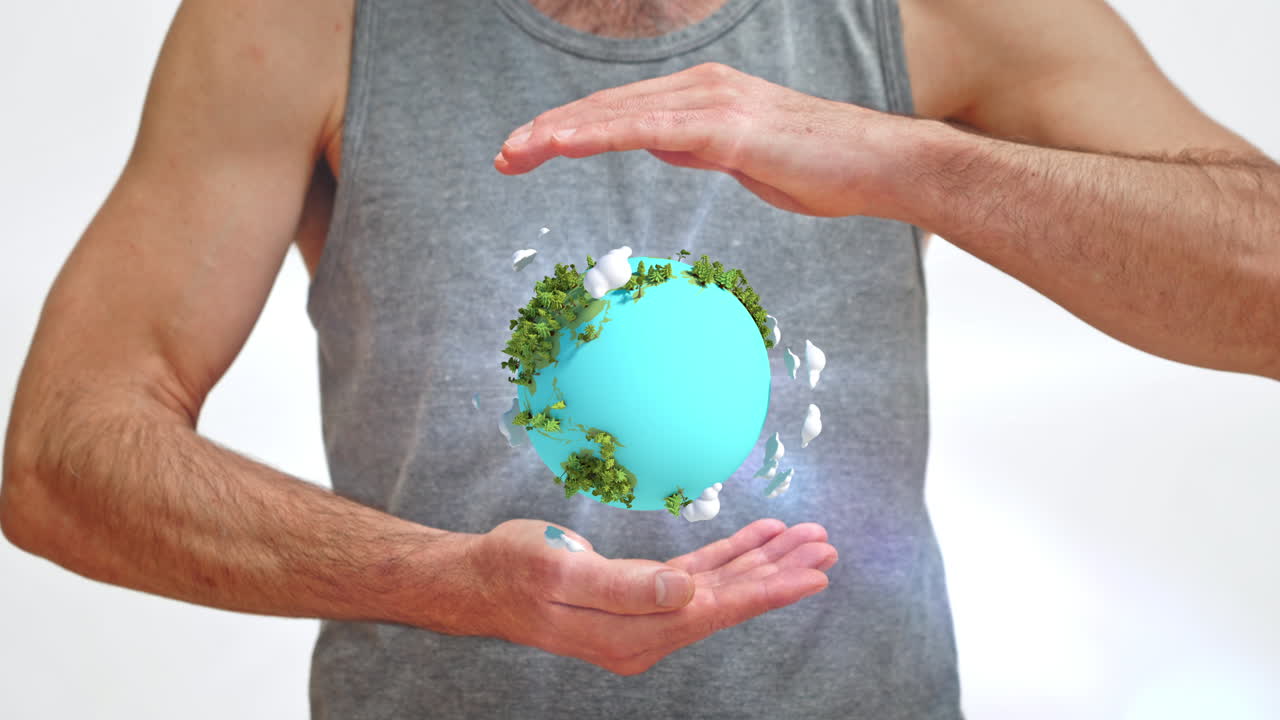 Man's Hands Protecting a Floating Green Earth Globe