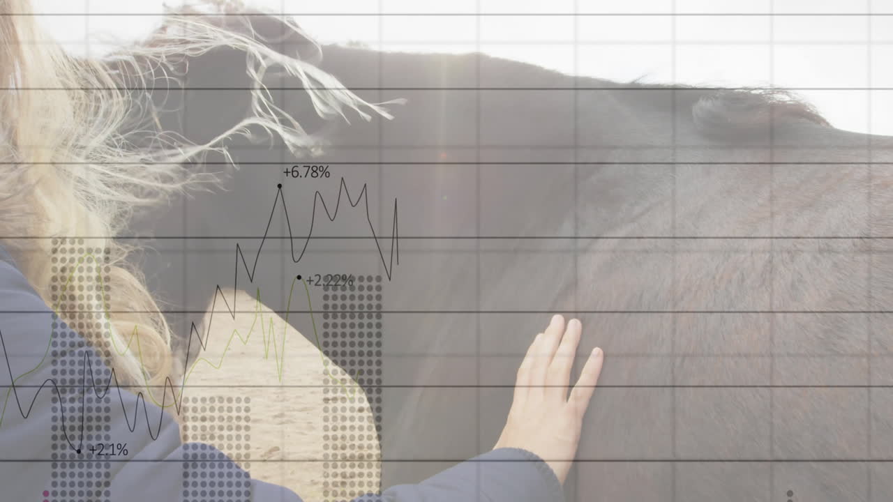 Woman petting horse in rural finance scene, showing animated line chart with percentages