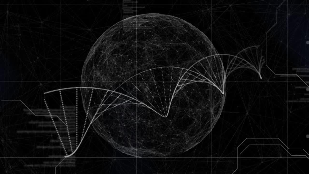 지구와 검은색 배경의 데이터 처리에 대해 회전하는 dna 구조의 디지털 애니메이션