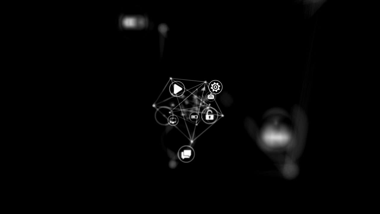 Icone bianche mutevoli che scorrono in uno spazio astratto con linee connesse e sfocatura DOF. Bellissima animazione 3D in loop. Concetto di tecnologia digitale e informazione