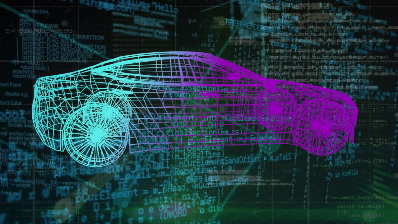 animación de un proyecto de automóvil que gira sobre el procesamiento de datos en espacio negro y azul