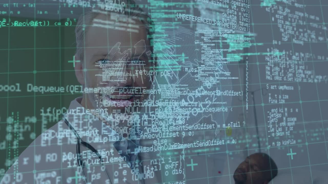 Animation of data processing over caucasian male doctor with clipboard