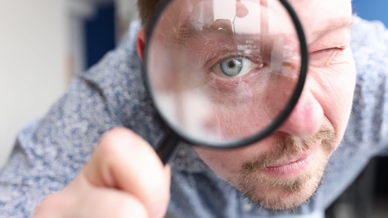 Young businessman looking at camera with magnifier in office 4k movie