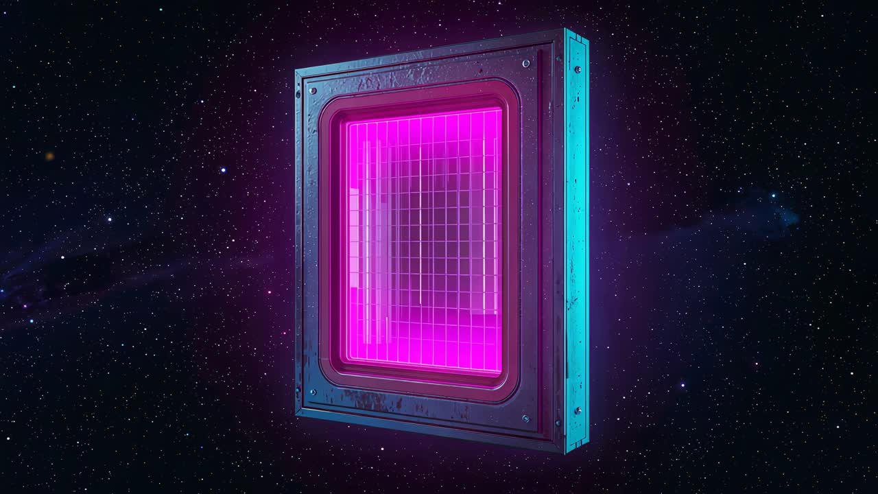 Rotating metal frame with bolts starting from tilt, revealing magenta grid and cyan edge in space
