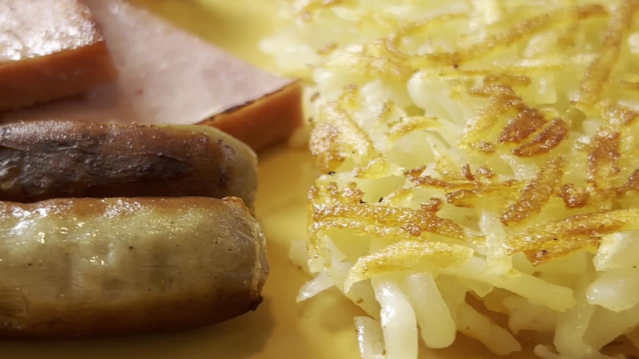 Close-up of a hearty breakfast featuring crispy hash browns, juicy sausages, and slices of ham, all arranged on a warm plate, showcasing a classic morning meal