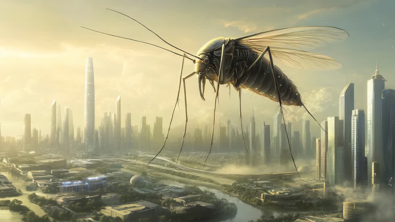Giant Mosquito over Futuristic Cityscape