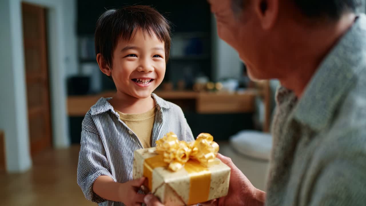 A Joyful Moment Between Generations: A Young Boy Enthusiastically Presents a Gift to His Grandparent, Capturing the Essence of Family Bonding and Celebration