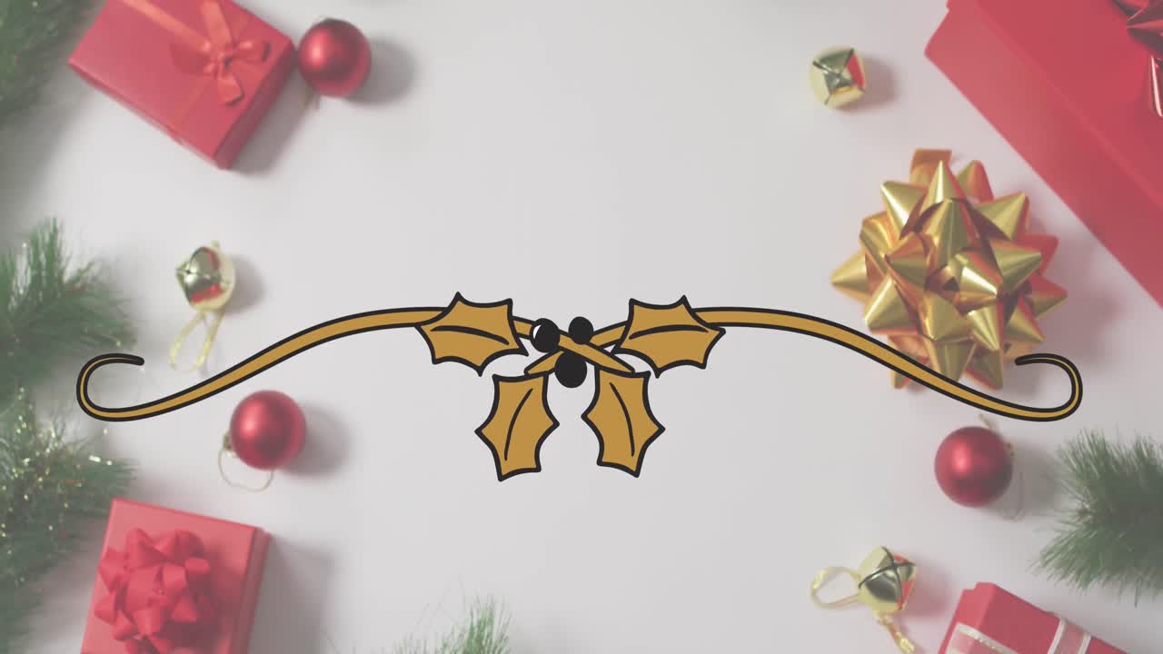 animación de estandarte de cinta de muérdago con espacio de copia sobre regalos y decoraciones de navidad.