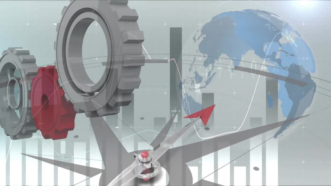 animación de la brújula, el registro de estadísticas y los engranajes fijados sobre el globo