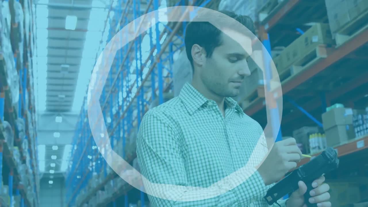 animación de formas sobre trabajador masculino caucásico en un almacén