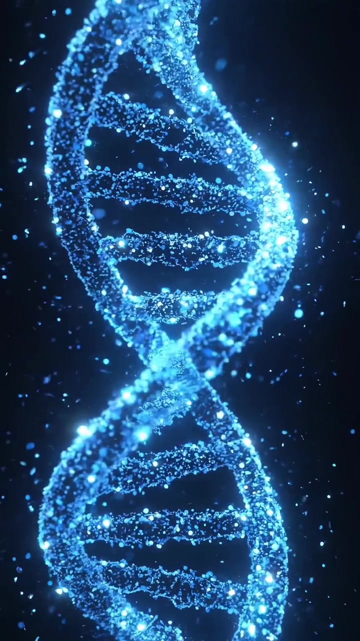 Doppia elica di DNA blu luminosa che ruota su sfondo nero