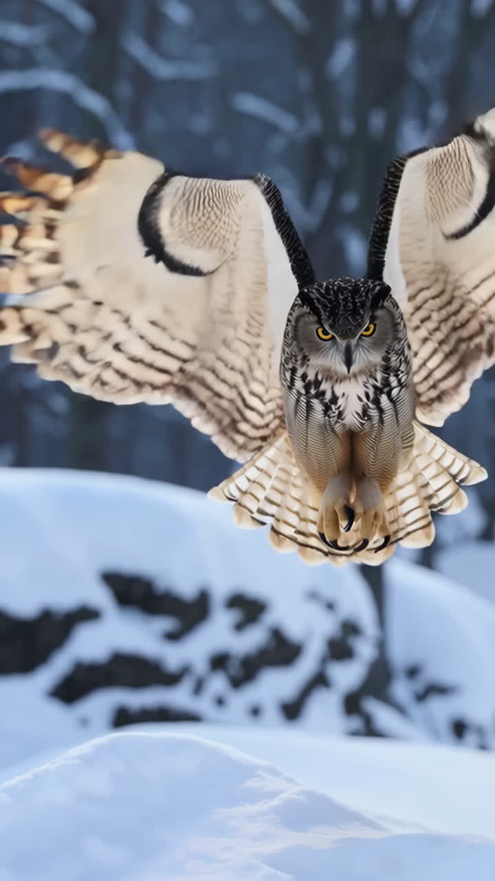 Majestic Owl in Flight Over Snowy Forest