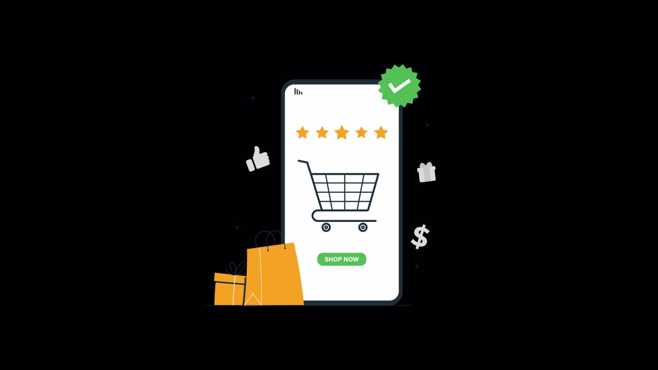 Esperienza di acquisto online animata su smartphone con icone e-commerce.