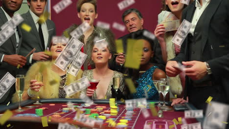 animation of confetti and american dollar bills falling over people gambling around casino table