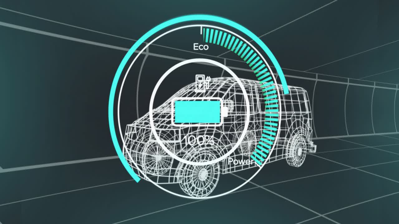 Eco meter arc fading starting wireframe van and battery icon moving visualizing eco charge cycle
