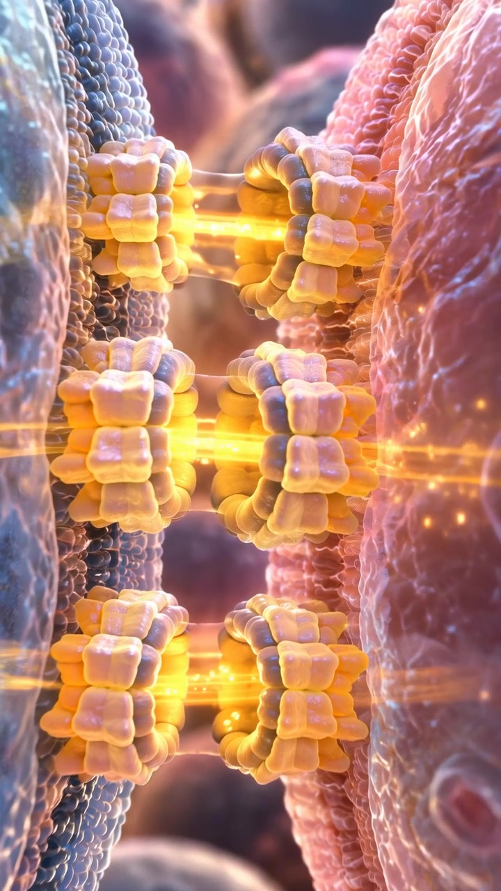 La vista avanza tra membrane testurizzate simili a cellule e strutture proteiche arrotondate mentre luminosi filamenti dorati si estendono attraverso la scena, rivelando dettagli più ravvicinati, profondità stratificata e una messa a fuoco morbida