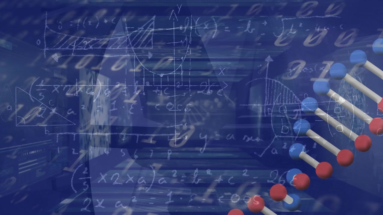 Animation of dna over navy background with diverse data and binary code