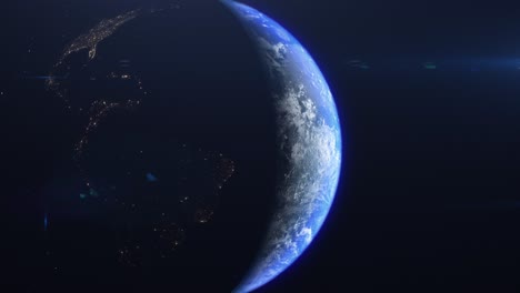 space view of illuminated side of night and the day side of the blue planet earth, cinematic anamorphic flares