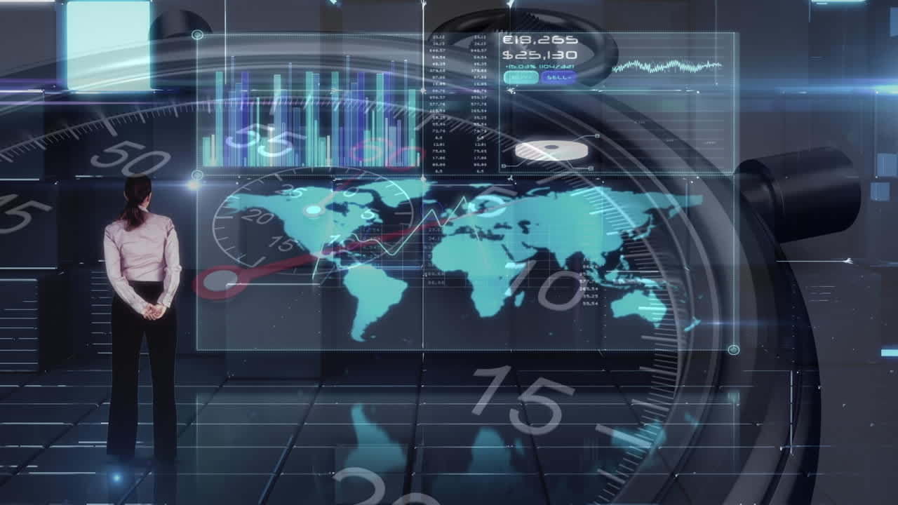 animación de estadísticas con una mujer de negocios y un cronómetro