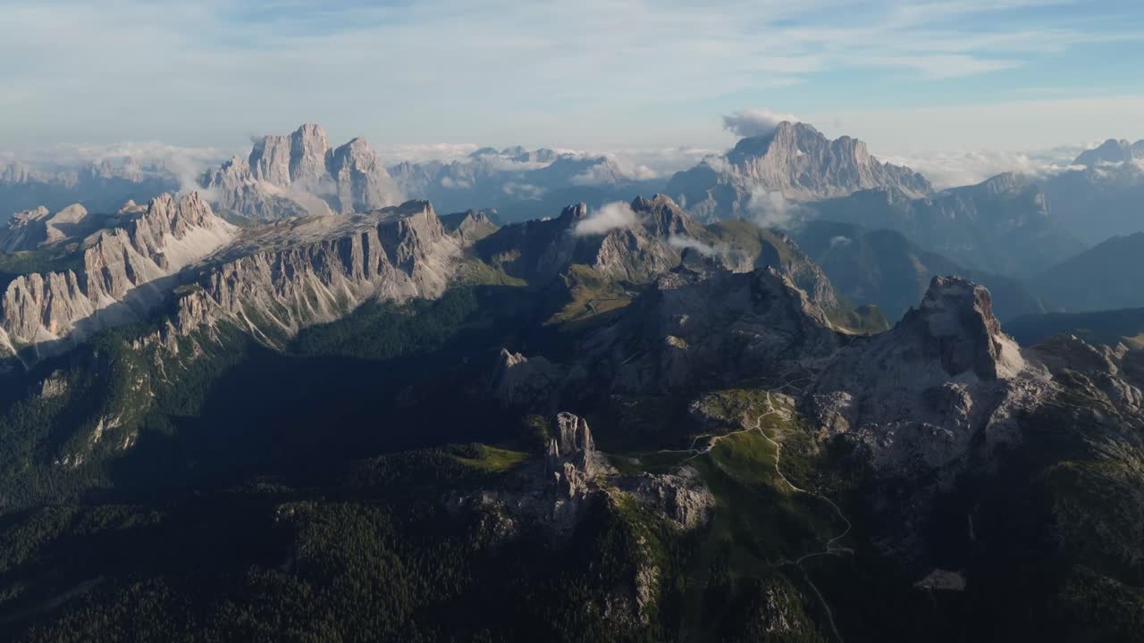 Dolomites Viewpoints Of The Iconic Mountains Of Mount Pelmo, 5 Torri And Civetta Summit In Italy. Aerial Wide Shot