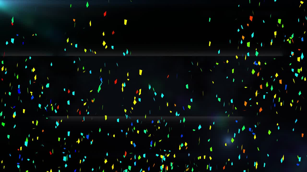 Multicolor particle cloud starting at two upper clouds expanding descending forming confetti shower