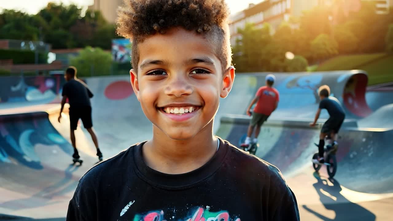 niño sonriente en un parque de patinaje con amigos
