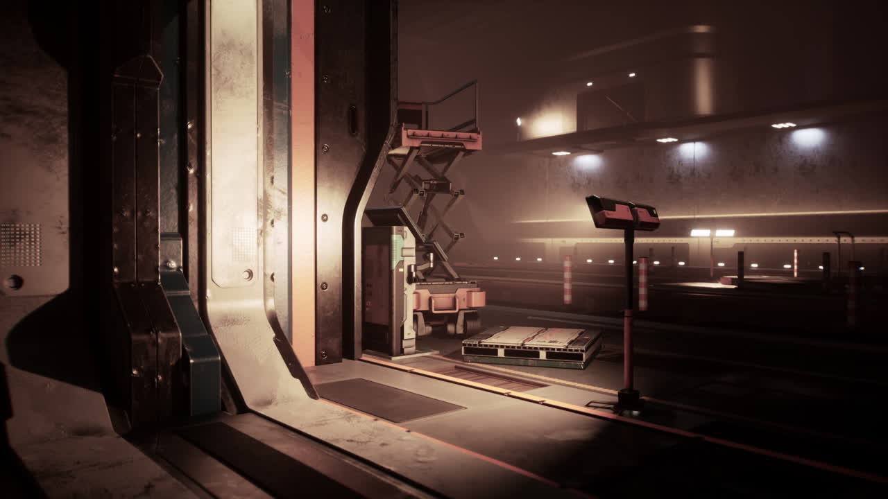 futurista almacén de ciencia ficción muelle de carga por la noche