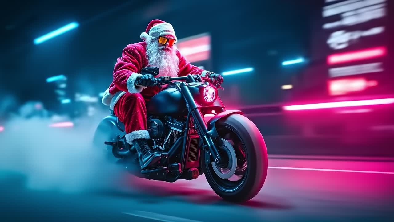 A man dressed as Santa Claus riding a motorcycle on a city street