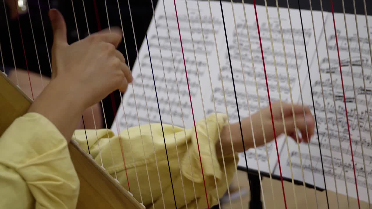 Harpist playing short articulate notes
