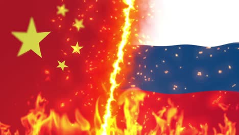 china versus russia flag on fire loop animation