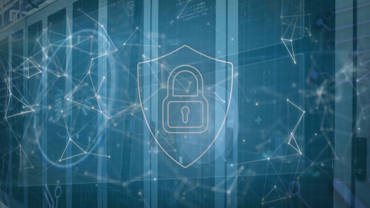 Animation of padlock icon and digital data processing over computer servers