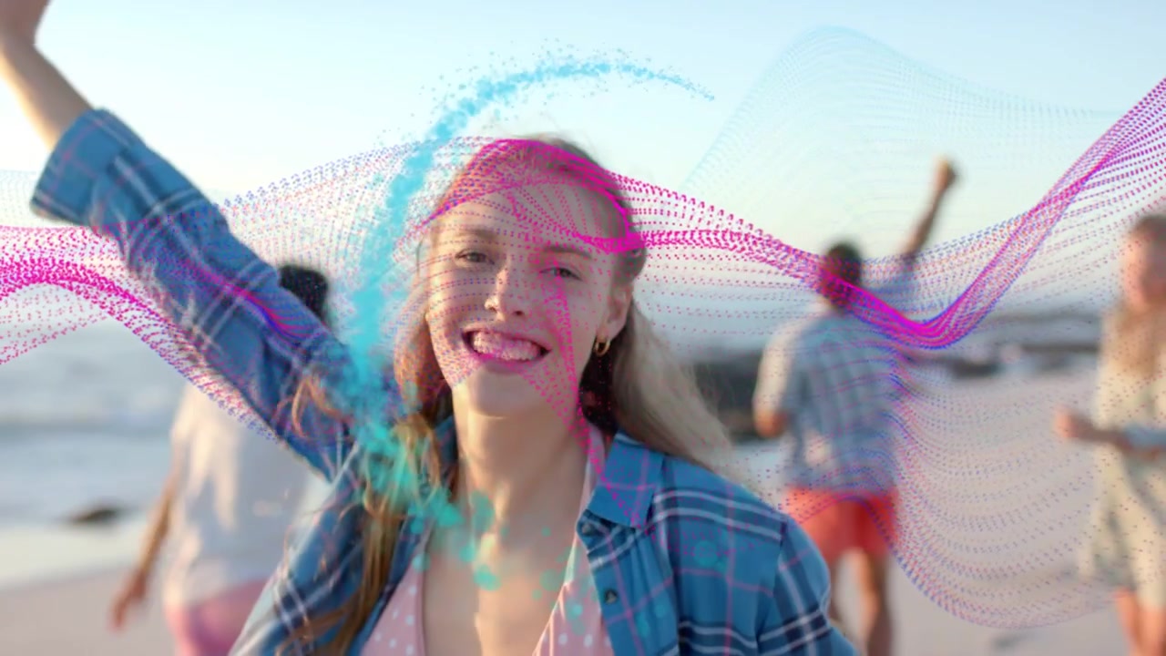 Woman raising arms on beach, motion causing animated waveform wrapping and following for marketing
