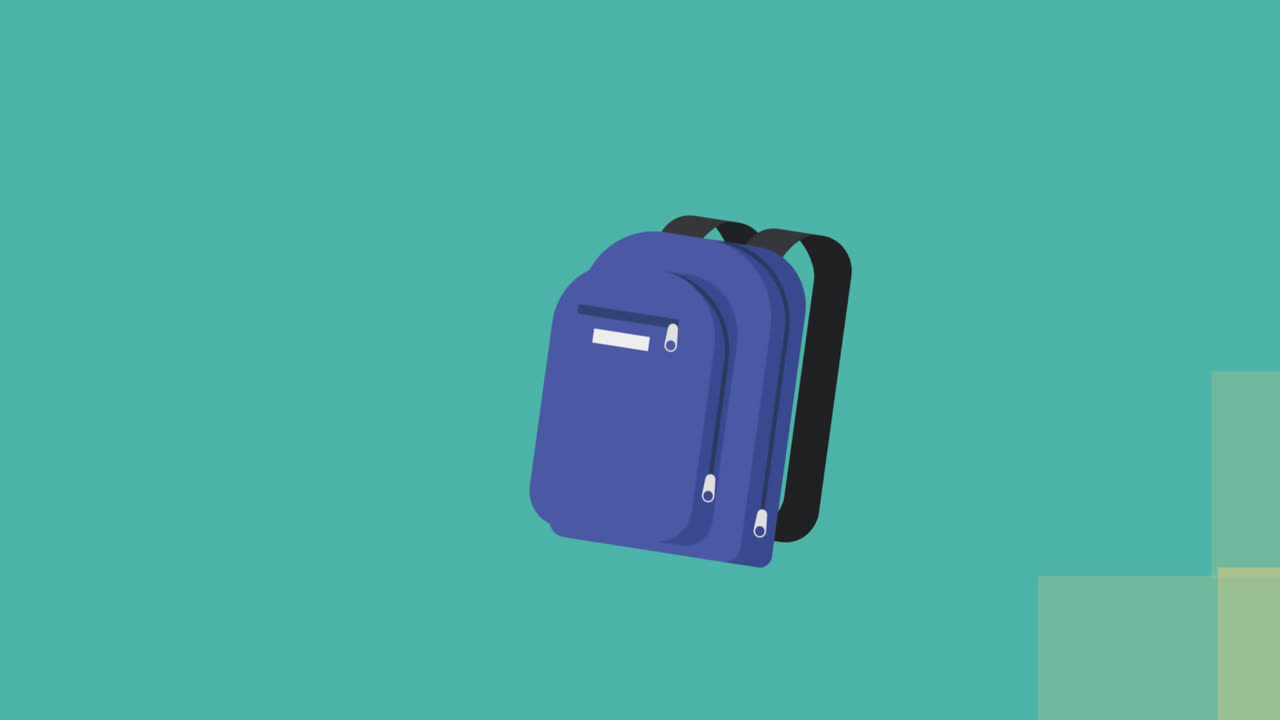 Animasi ikon tas sekolah di atas latar belakang bermotif hijau